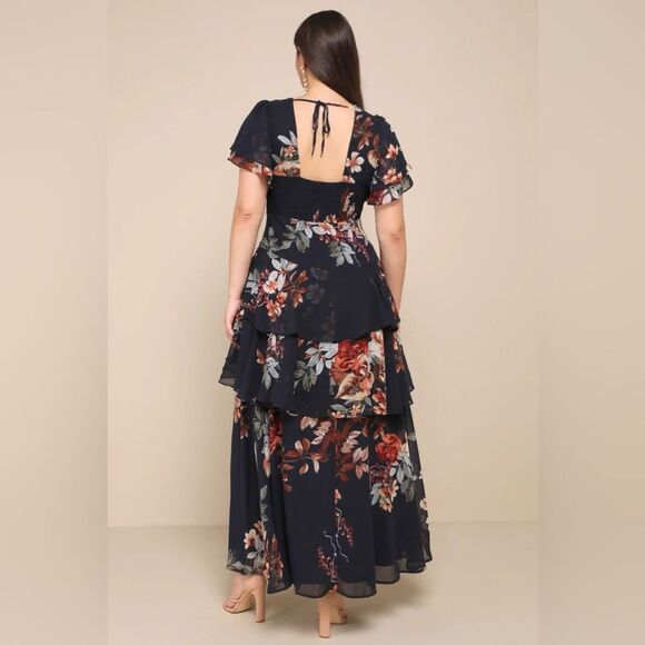 Lulus Midnight Mood Navy Blue Floral Print Tiered Maxi Dress Size Small NEW - Picture 12 of 13